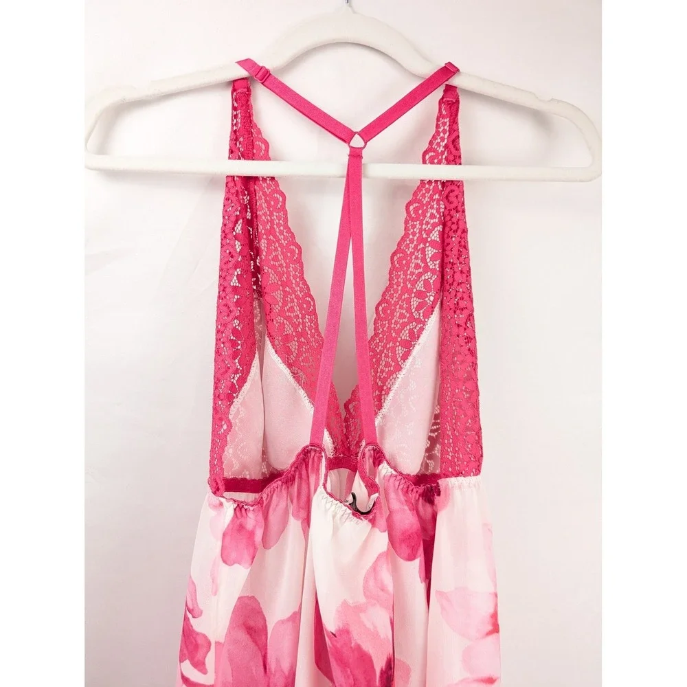 Floral Lace Trim Sheer Mesh Ruffle Babydoll Chemise Sz S Pink Nightgown Coquette